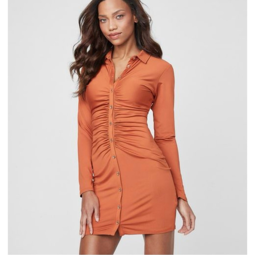 Guess Burnt Orange Ruched Long Sleeve Dress Size L - Picture 1 of 8